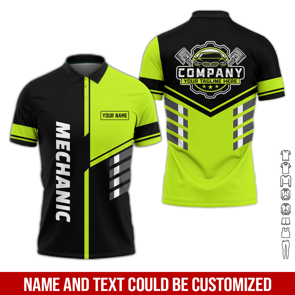 Blisscorners Personalized Work Shirt for Mechanics, Yellow Green 3D Printed Uniform for Men, Perfect Gift for Car Lovers and Garage Workers