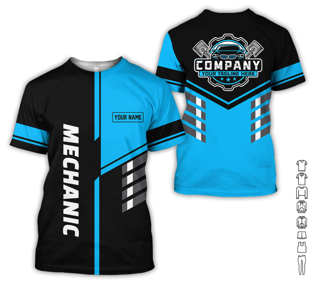 Blisscorners Personalized Work Shirt for Mechanics, Blue 3D Printed Uniform for Men, Perfect Gift for Car Lovers and Garage Workers