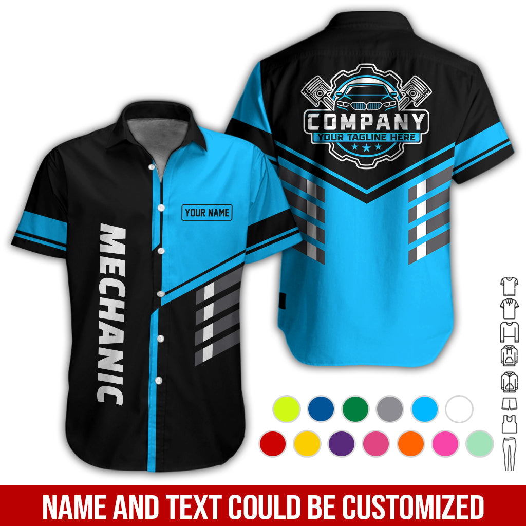 Blisscorners Personalized Work Shirt for Mechanics, Blue 3D Printed Uniform for Men, Perfect Gift for Car Lovers and Garage Workers