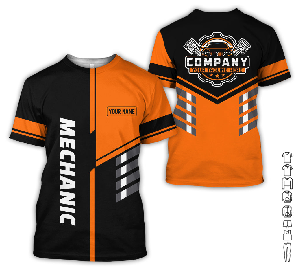 Blisscorners Personalized Work Shirt for Mechanics, Orange 3D Printed Uniform for Men, Perfect Gift for Car Lovers and Garage Workers