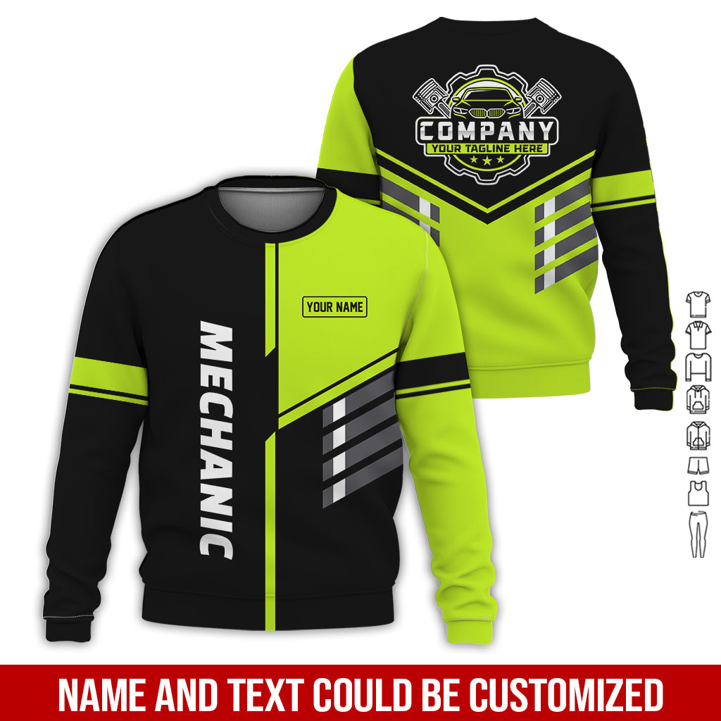 Blisscorners Personalized Work Shirt for Mechanics, Yellow Green 3D Printed Uniform for Men, Perfect Gift for Car Lovers and Garage Workers