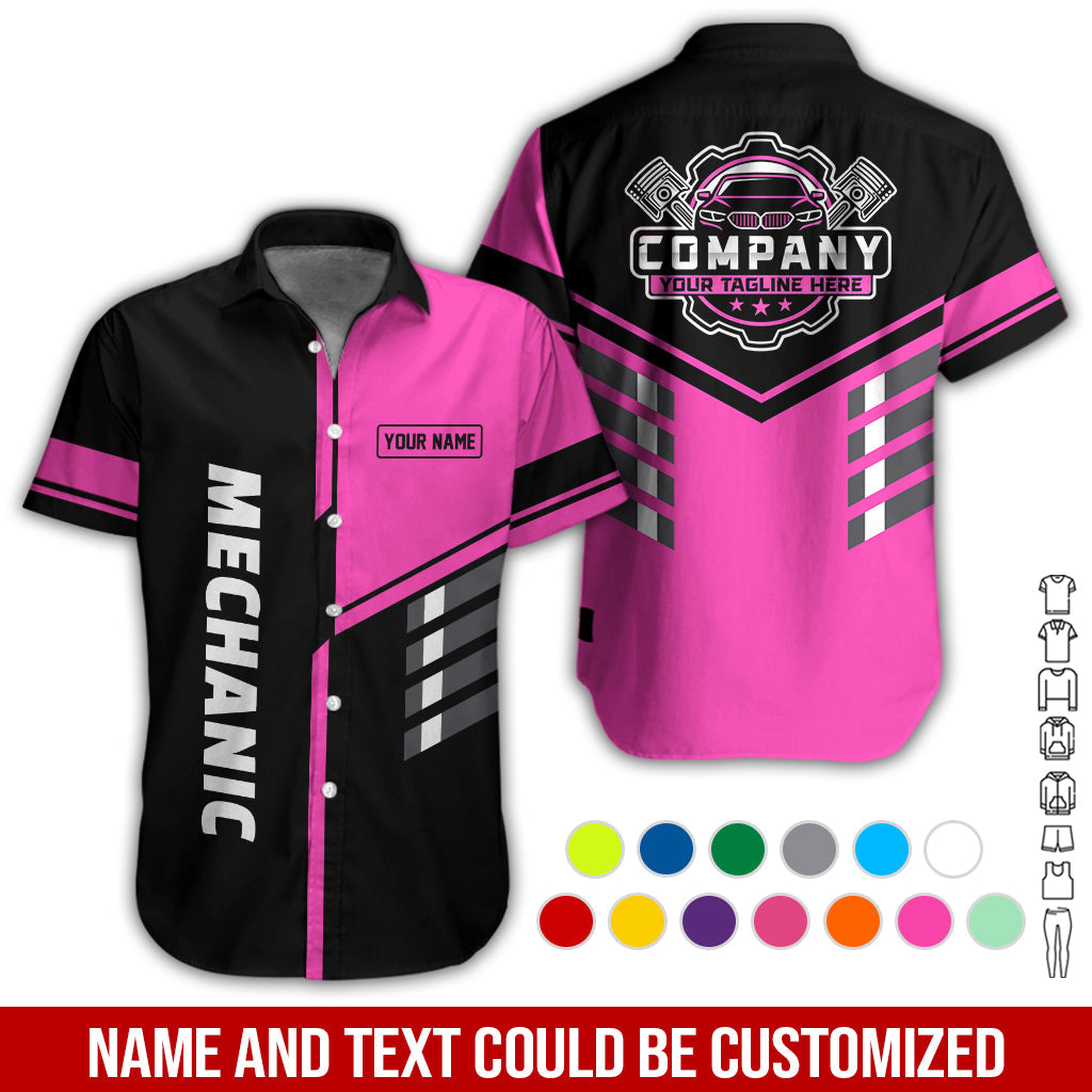Blisscorners Personalized Work Shirt for Mechanics, Pink 3D Printed Uniform for Men, Perfect Gift for Car Lovers and Garage Workers