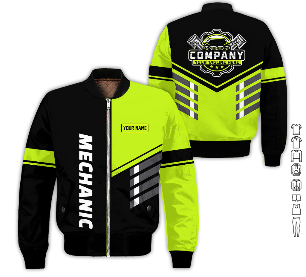 Blisscorners Personalized Work Shirt for Mechanics, Yellow Green 3D Printed Uniform for Men, Perfect Gift for Car Lovers and Garage Workers