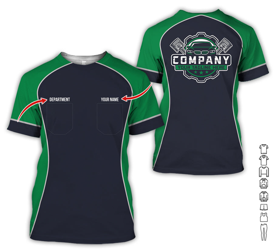 Blisscorners Custom Name Mechanic Shirt for Men, Personalized Garage Workwear Print, Great Gift for Auto Techs, Green Mechanic T-Shirt