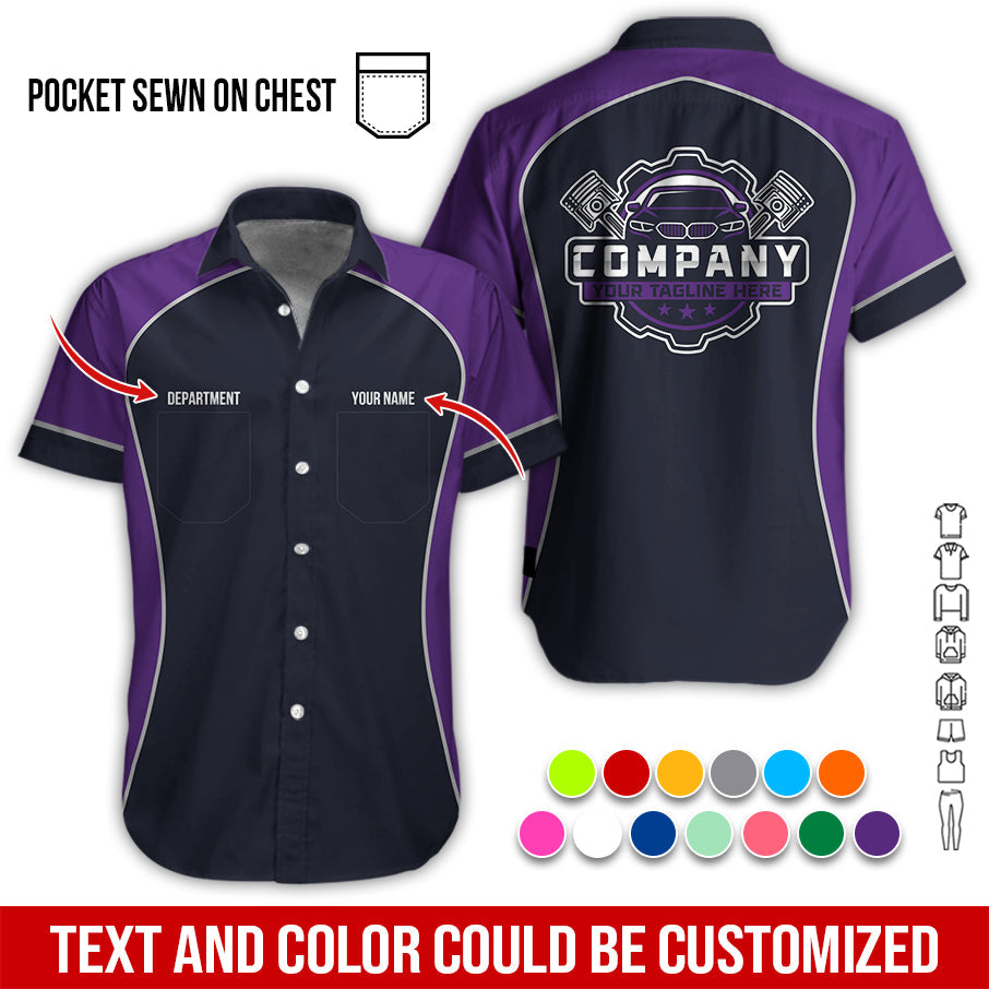 Blisscorners Custom Name Mechanic Shirt for Men, Personalized Garage Workwear Print, Great Gift for Auto Techs, Purple Mechanic T-Shirt