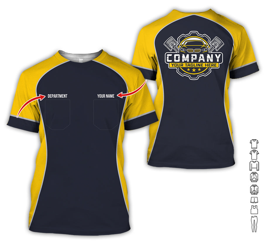 Blisscorners Custom Name Mechanic Shirt for Men, Personalized Garage Workwear Print, Great Gift for Auto Techs, Yellow Mechanic T-Shirt
