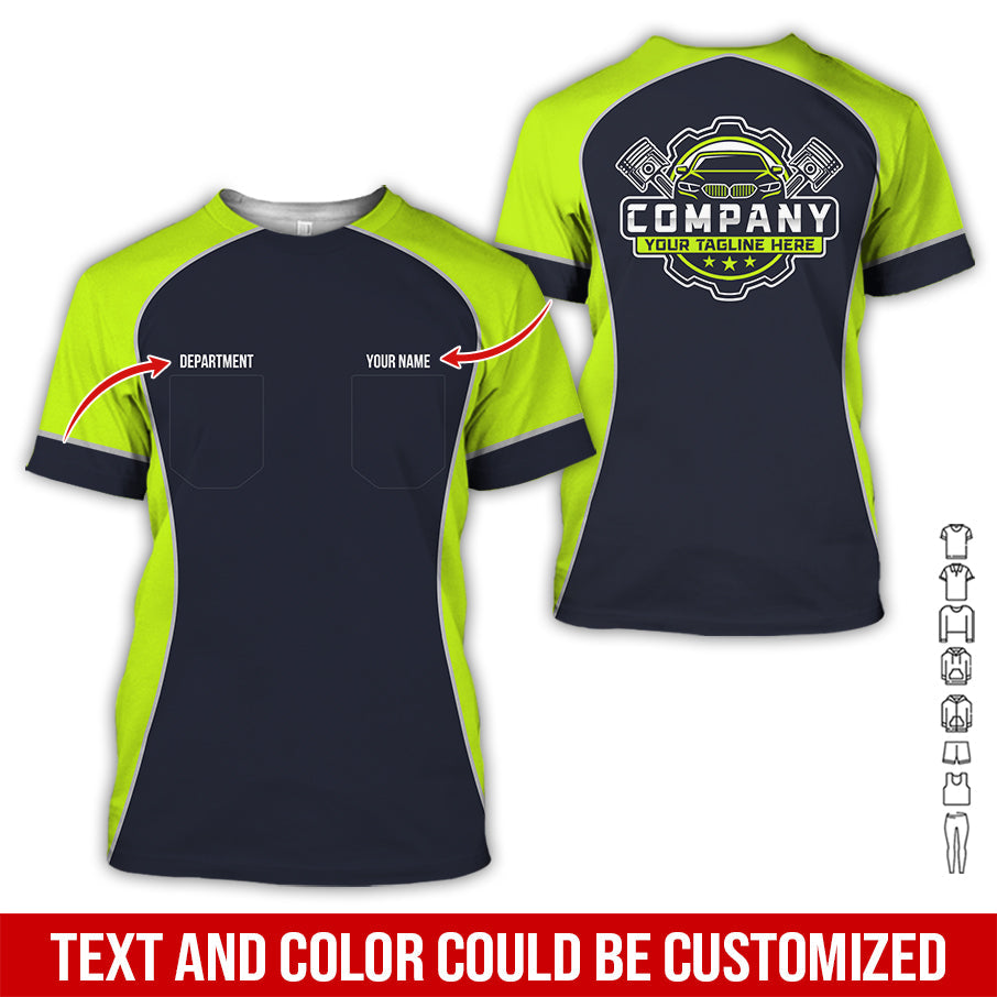 Blisscorners Custom Name Mechanic Shirt for Men, Personalized Garage Workwear Print, Great Gift for Auto Techs, Yellow Green Mechanic T-Shirt