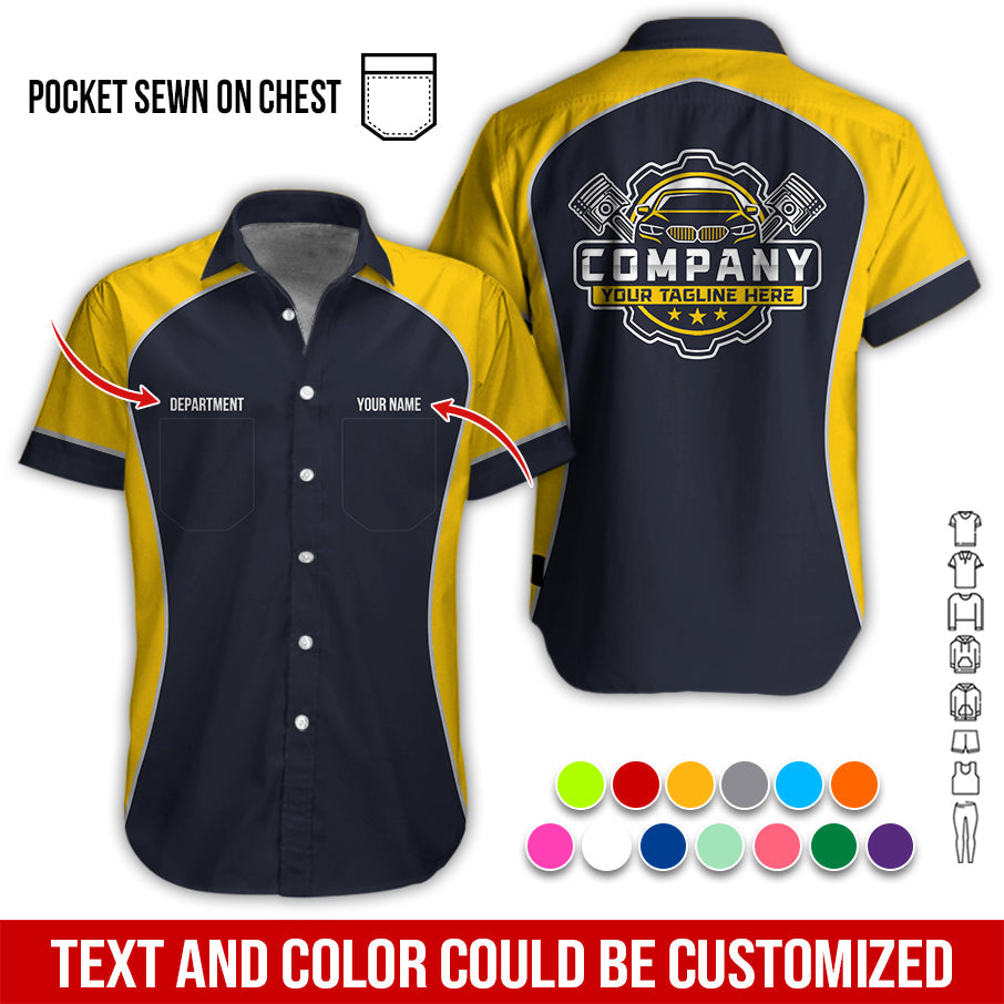 Blisscorners Custom Name Mechanic Shirt for Men, Personalized Garage Workwear Print, Great Gift for Auto Techs, Yellow Mechanic T-Shirt