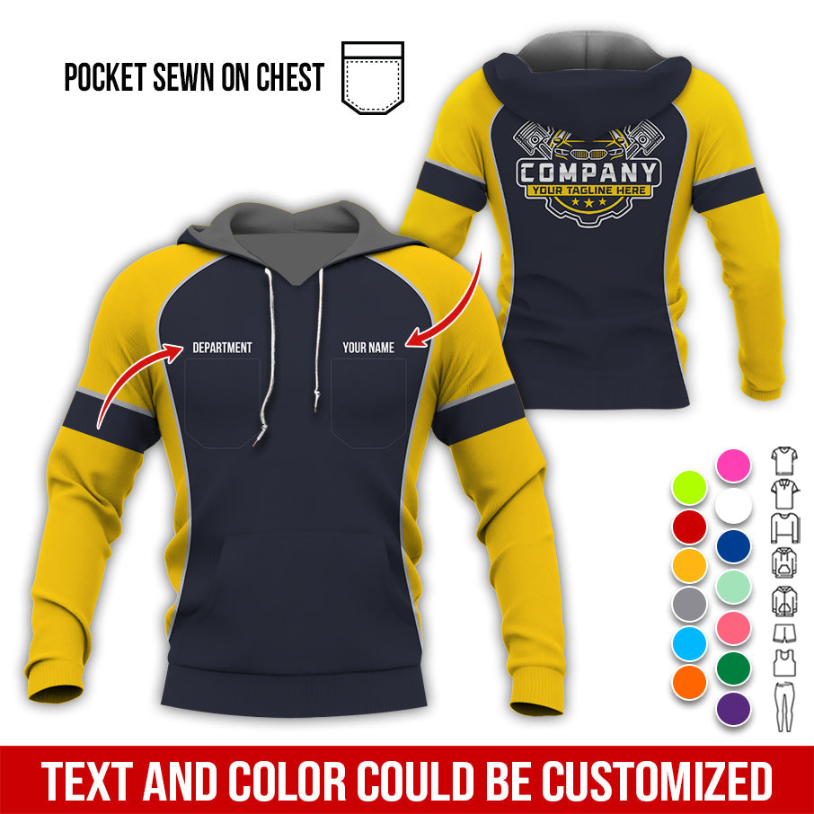 Blisscorners Custom Name Mechanic Shirt for Men, Personalized Garage Workwear Print, Great Gift for Auto Techs, Yellow Mechanic T-Shirt