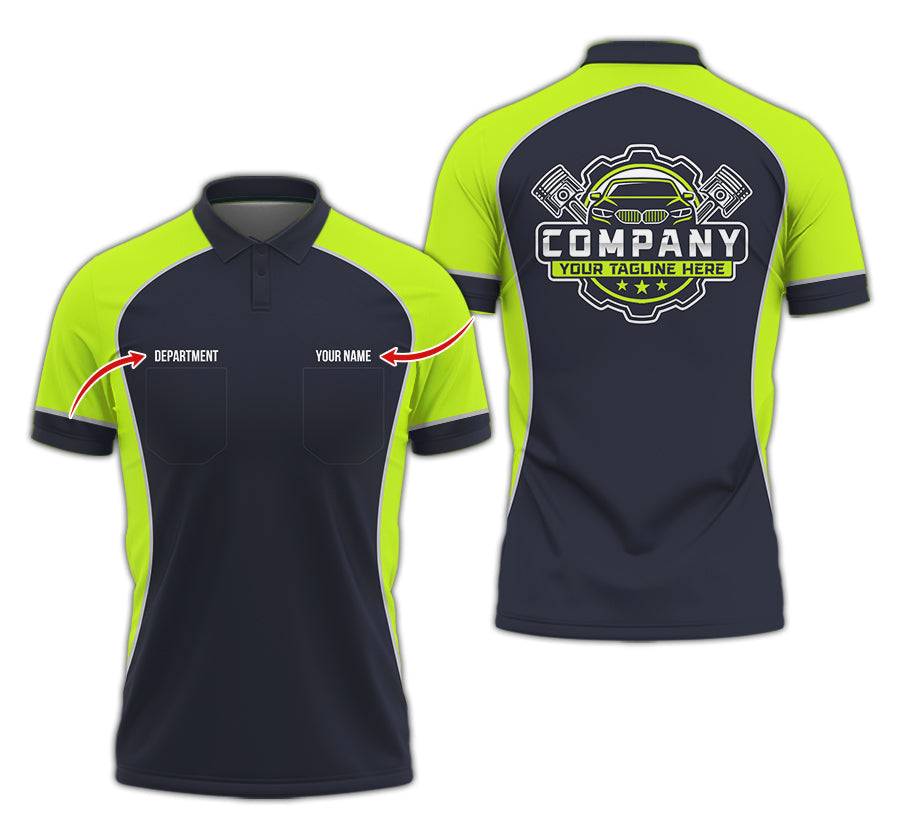 Blisscorners Custom Name Mechanic Shirt for Men, Personalized Garage Workwear Print, Great Gift for Auto Techs, Yellow Green Mechanic T-Shirt