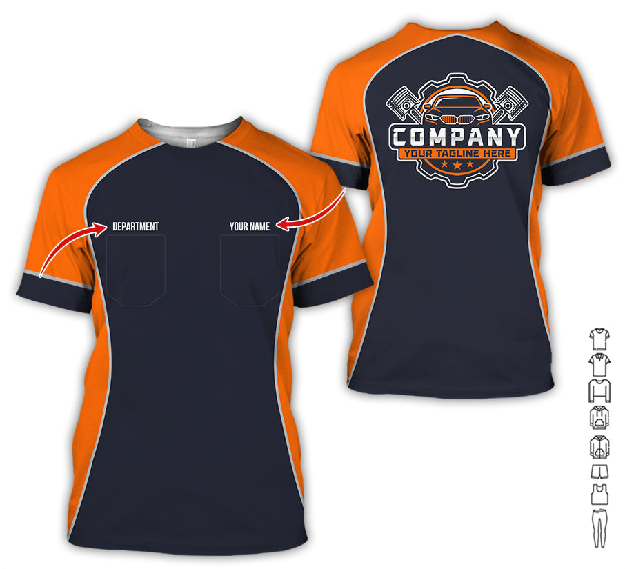 Blisscorners Custom Name Mechanic Shirt for Men, Personalized Garage Workwear Print, Great Gift for Auto Techs, Orange Mechanic T-Shirt