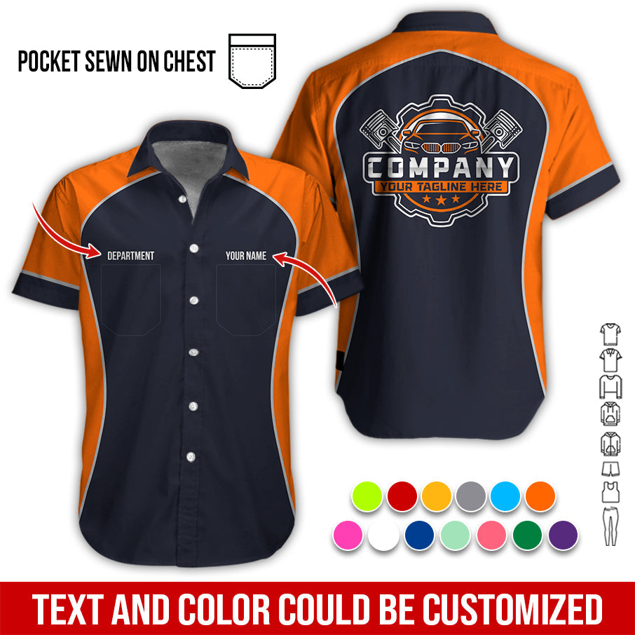 Blisscorners Custom Name Mechanic Shirt for Men, Personalized Garage Workwear Print, Great Gift for Auto Techs, Orange Mechanic T-Shirt