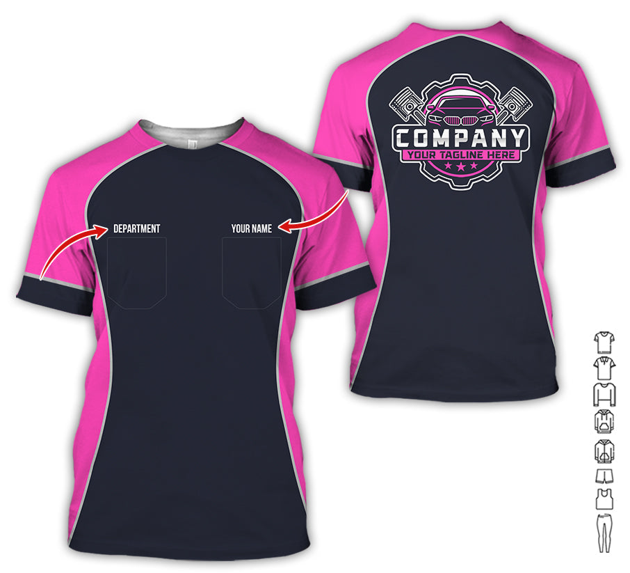 Blisscorners Custom Name Mechanic Shirt for Men, Personalized Garage Workwear Print, Great Gift for Auto Techs, Pink Mechanic T-Shirt