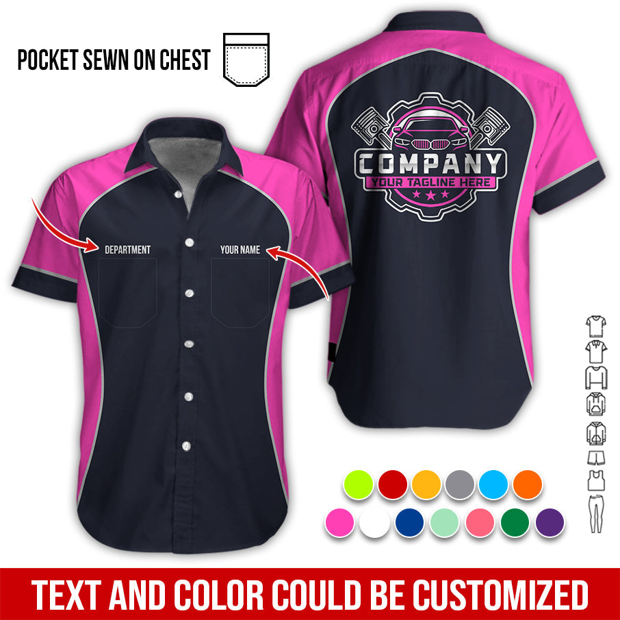Blisscorners Custom Name Mechanic Shirt for Men, Personalized Garage Workwear Print, Great Gift for Auto Techs, Pink Mechanic T-Shirt