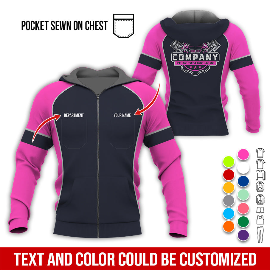 Blisscorners Custom Name Mechanic Shirt for Men, Personalized Garage Workwear Print, Great Gift for Auto Techs, Pink Mechanic T-Shirt