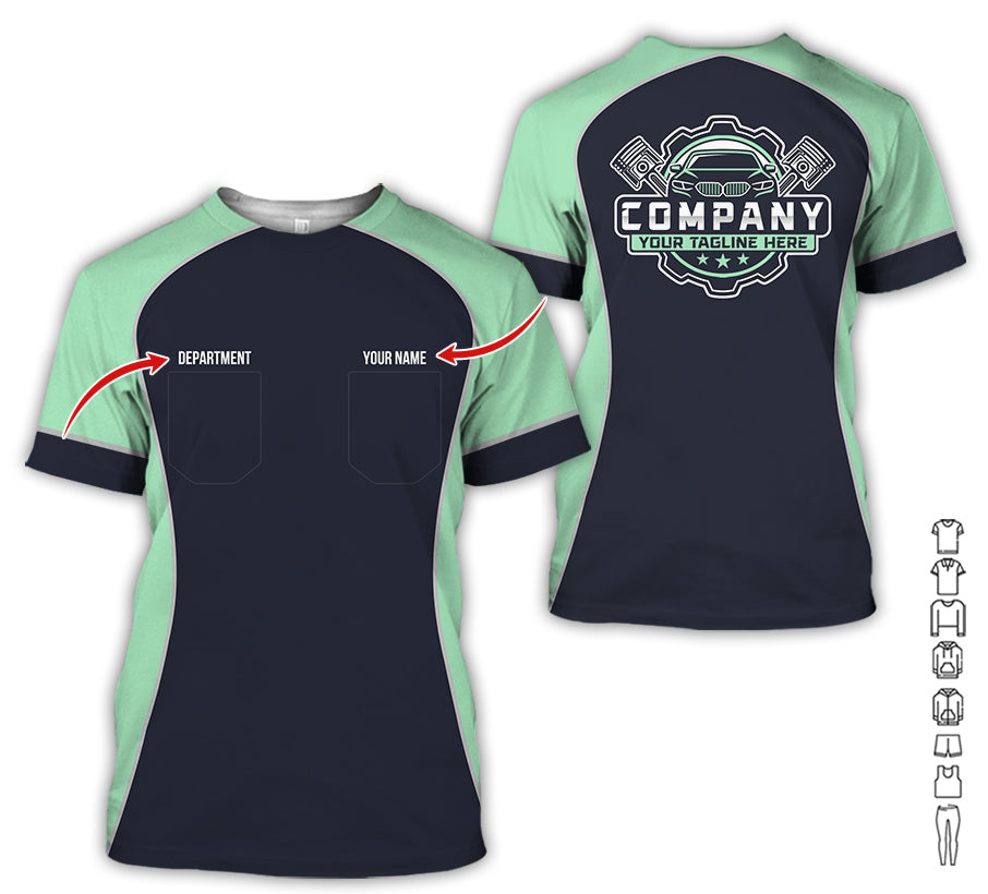 Blisscorners Custom Name Mechanic Shirt for Men, Personalized Garage Workwear Print, Great Gift for Auto Techs, Seafoam Mechanic T-Shirt
