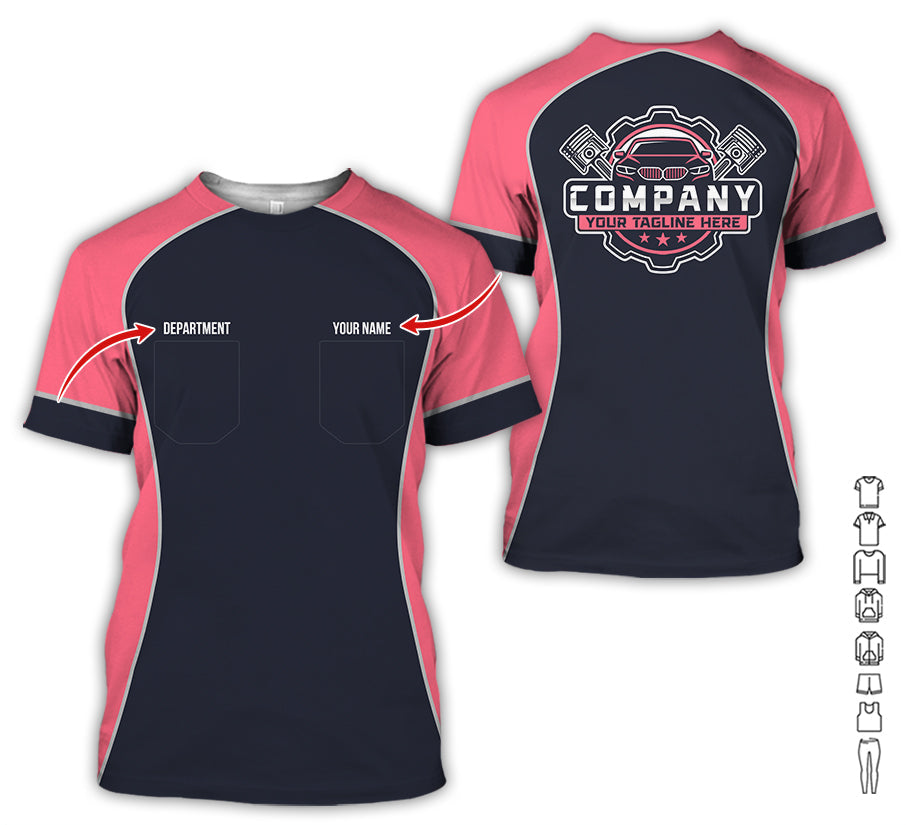 Blisscorners Custom Name Mechanic Shirt for Men, Personalized Garage Workwear Print, Great Gift for Auto Techs, Neon Pink Mechanic T-Shirt