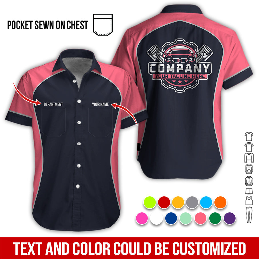 Blisscorners Custom Name Mechanic Shirt for Men, Personalized Garage Workwear Print, Great Gift for Auto Techs, Neon Pink Mechanic T-Shirt
