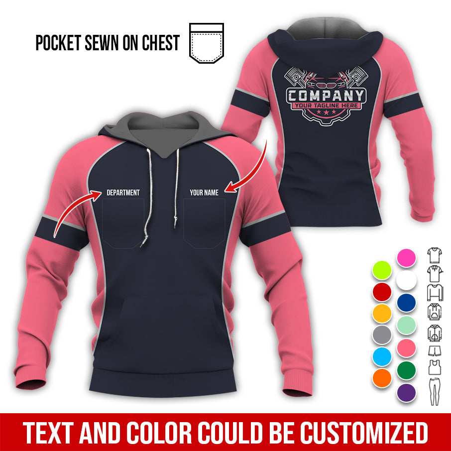 Blisscorners Custom Name Mechanic Shirt for Men, Personalized Garage Workwear Print, Great Gift for Auto Techs, Neon Pink Mechanic T-Shirt