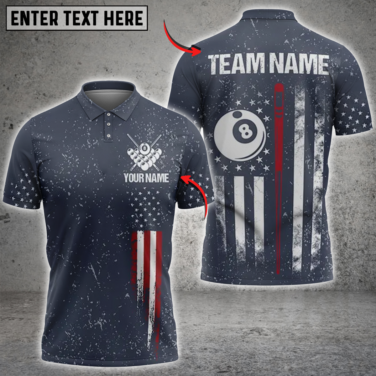 Blisscorners Billiards USA Flag with Vertical Cues Personalized Name 3D Unisex Shirt