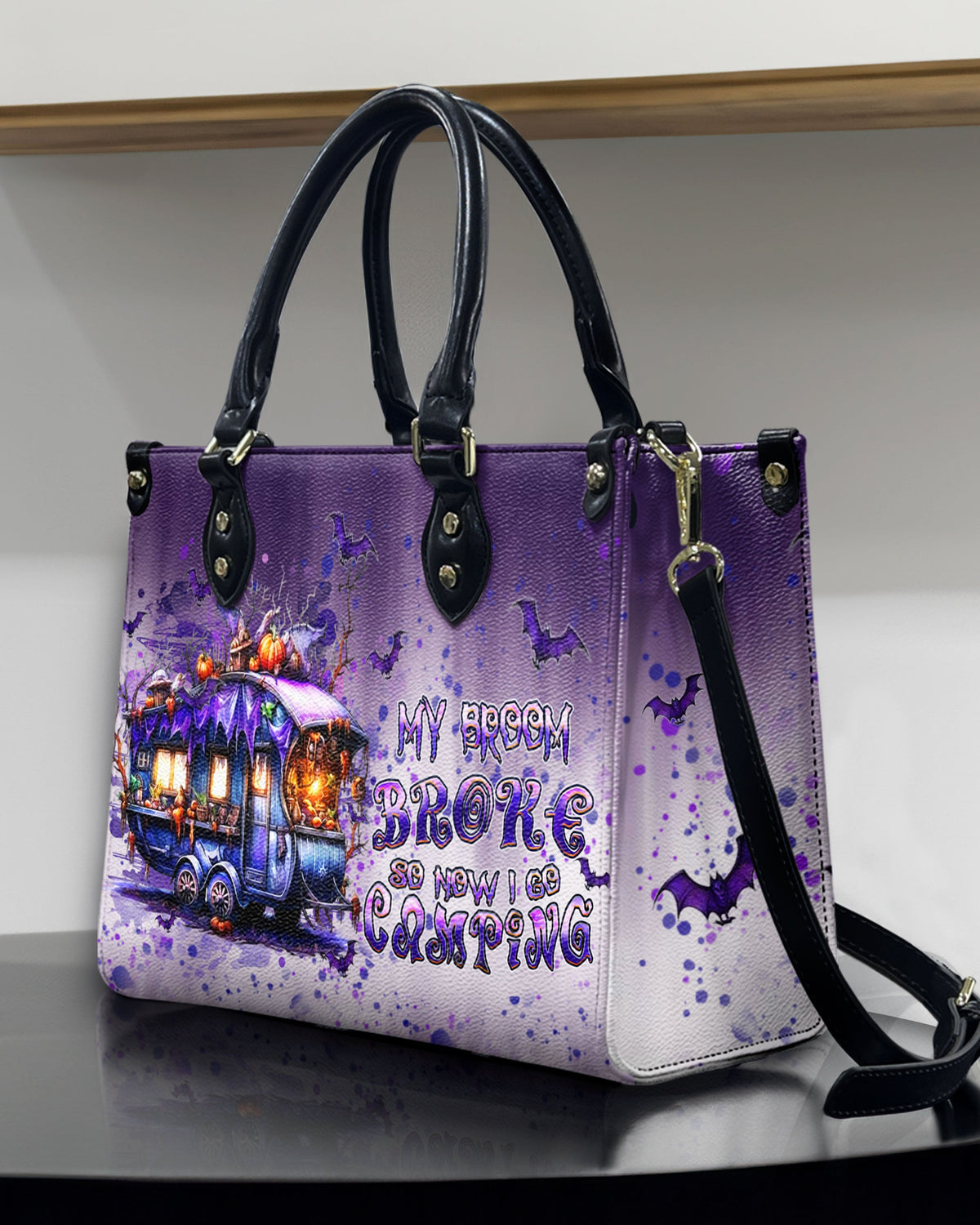 BLISSCORNERS MY BROOM BROKE CAMPING HALLOWEEN LEATHER HANDBAG