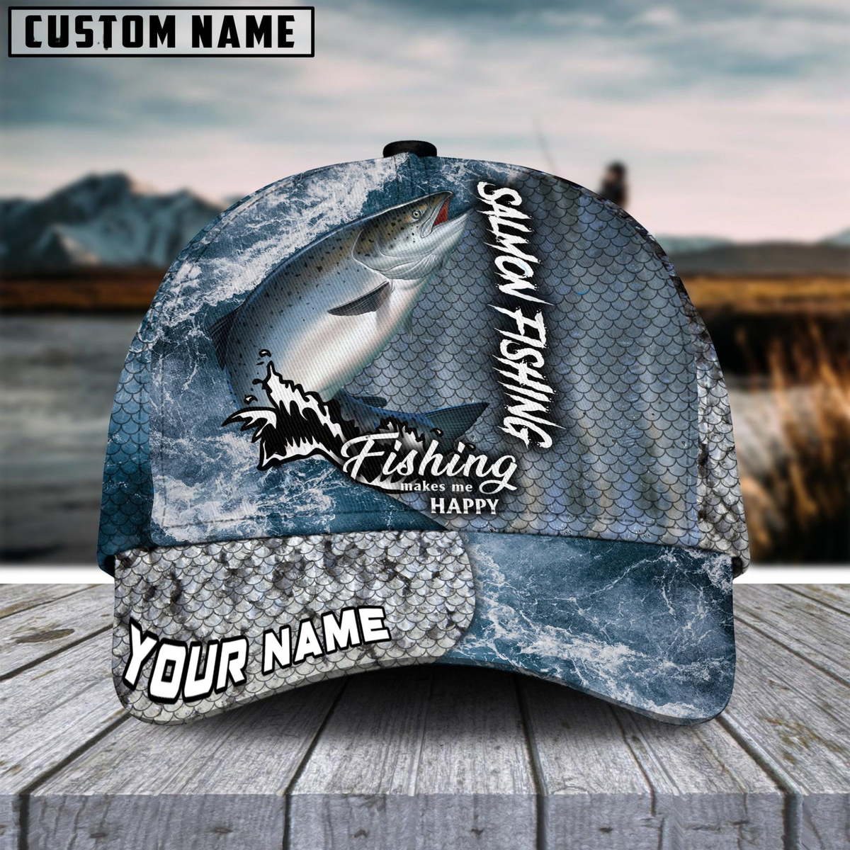 Blisscorners Salmon Fishing Skin Seawave Customized Name 3D Cap