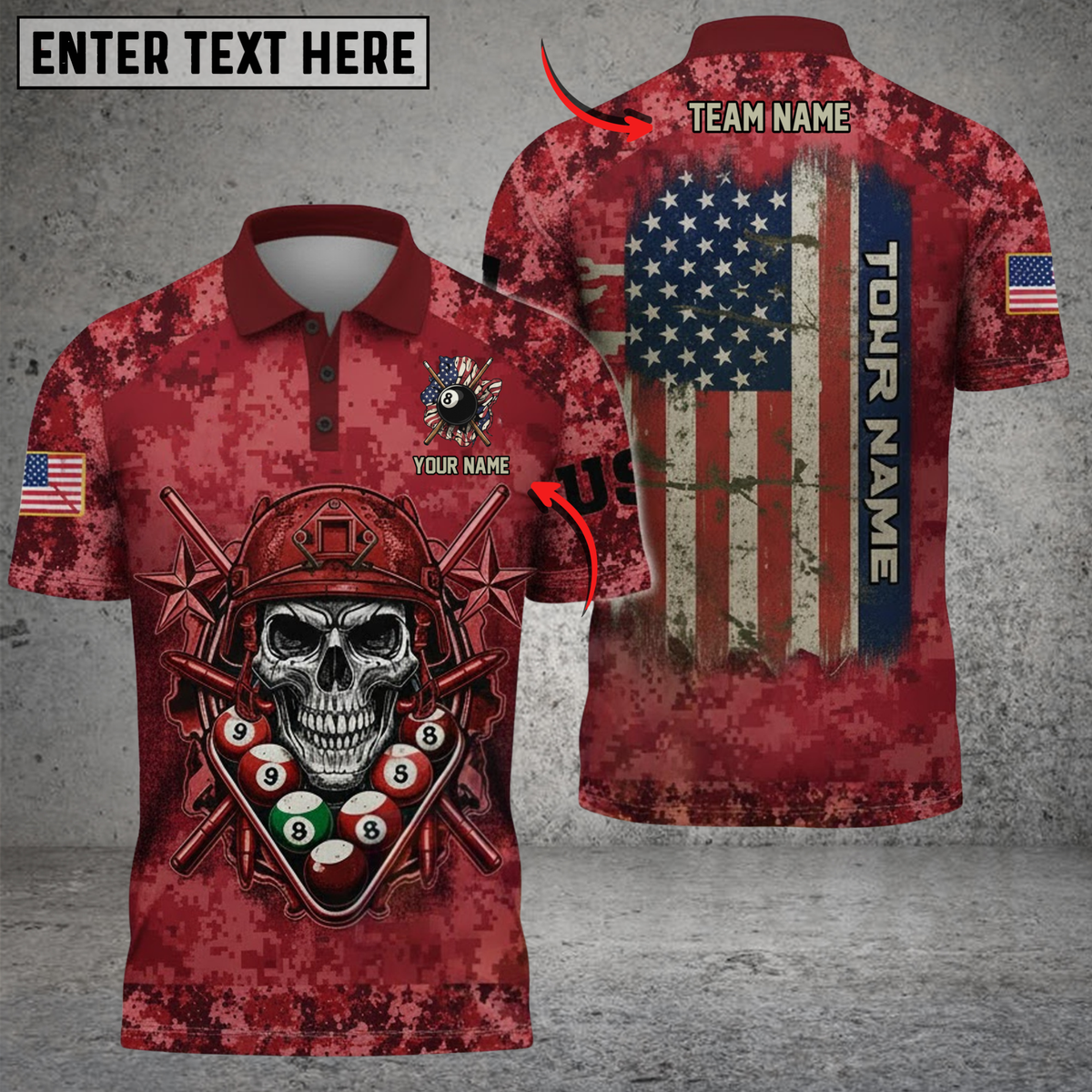 Blisscorners Billiard Skull US FLag Multicolor Customized Name, Team Name 3D Shirts