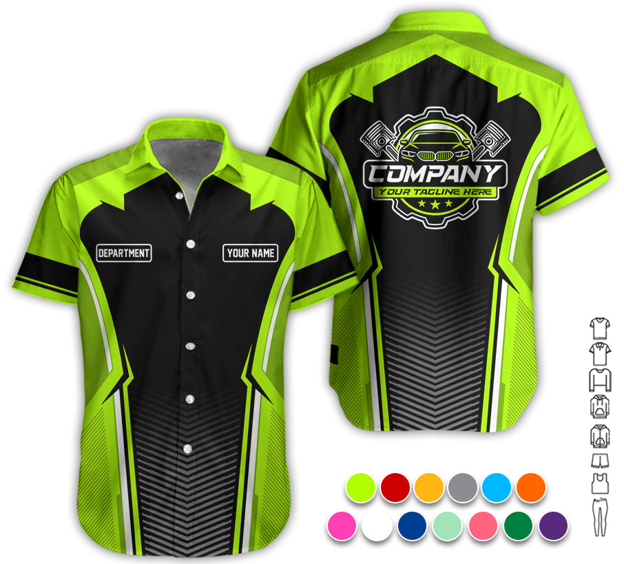 Blisscorners Personalized Mechanic Uniform, Green Yellow Shirt for Technicians, Comfortable Workwear for Men, Great Gift for Father’s Day, Birthday, or Husband