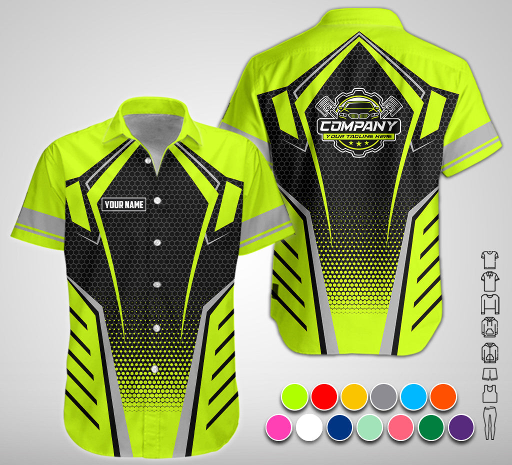 Blisscorners Custom Mechanic Work Shirt with Name, Gift for Technicians and Car Guys, Mechanic Shirt In Green Yellow, Sizes S to 5XL