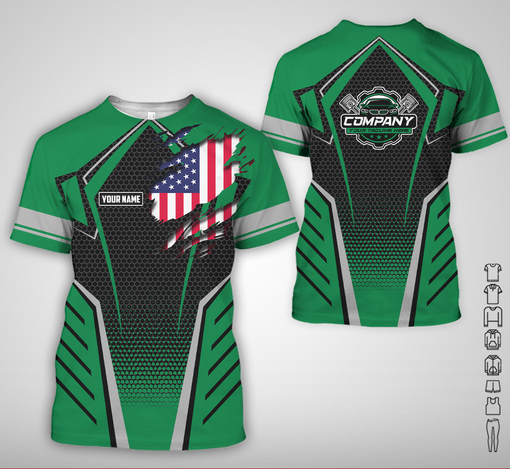 Blisscorners Custom Mechanic Shirt with Name, Green Garage Uniform, Gift for Car Guys & Technicians, Comfortable Daily Fit, Perfect Garage Apparel