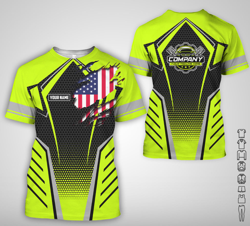 Blisscorners Custom Mechanic Shirt with Name, Yellow Green Garage Uniform, Gift for Car Guys &amp; Technicians, Comfortable Daily Fit, Perfect Garage Apparel