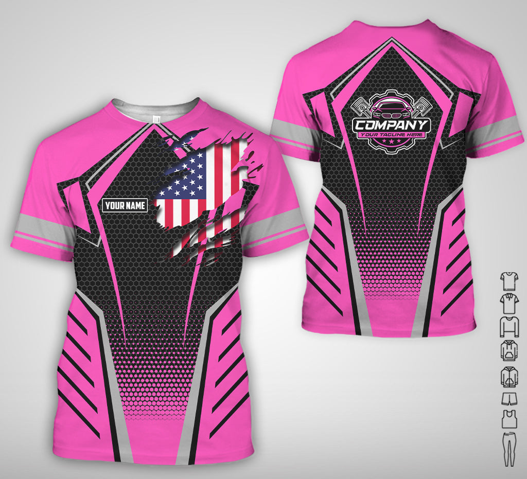 Blisscorners Custom Mechanic Shirt with Name, Pink Garage Uniform, Gift for Car Guys & Technicians, Comfortable Daily Fit, Perfect Garage Apparel