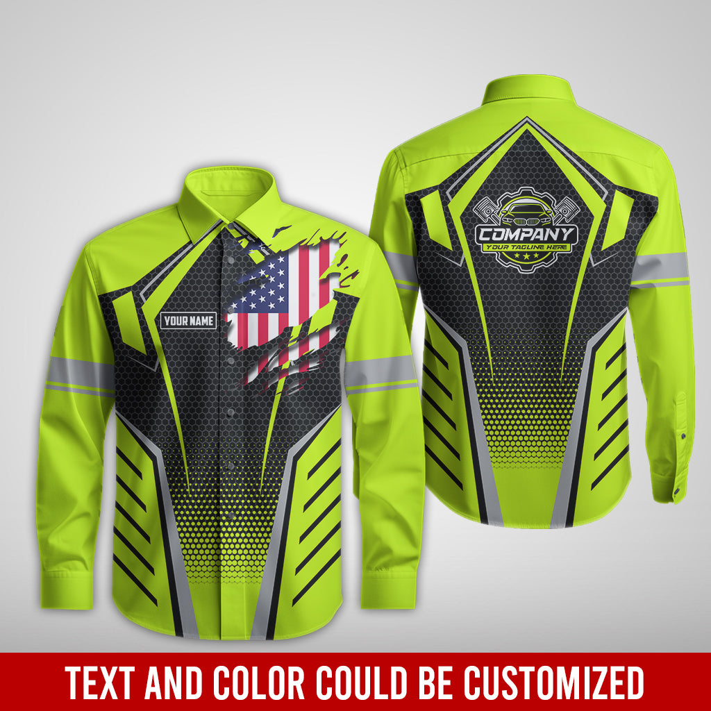 Blisscorners Custom Mechanic Shirt with Name, Yellow Green Garage Uniform, Gift for Car Guys & Technicians, Comfortable Daily Fit, Perfect Garage Apparel