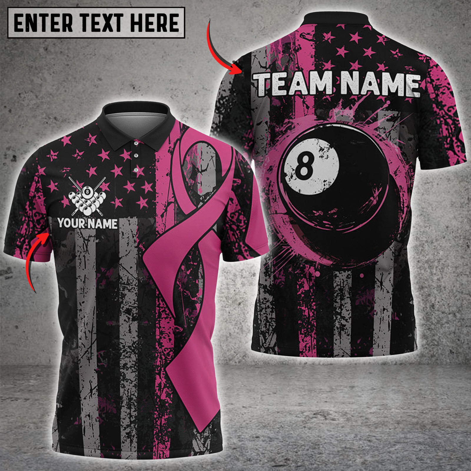 Blisscorners Billiards Pink Ribbon with 8-Ball and Flag Personalized Name 3D Unisex Shirt