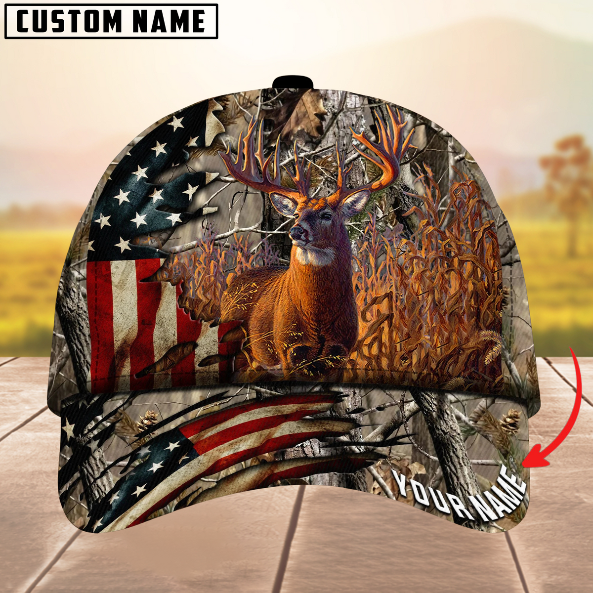 Blisscorners Deer Hunting American Flag Camouflage Pattern Multicolor Personalized Name 3D Cap