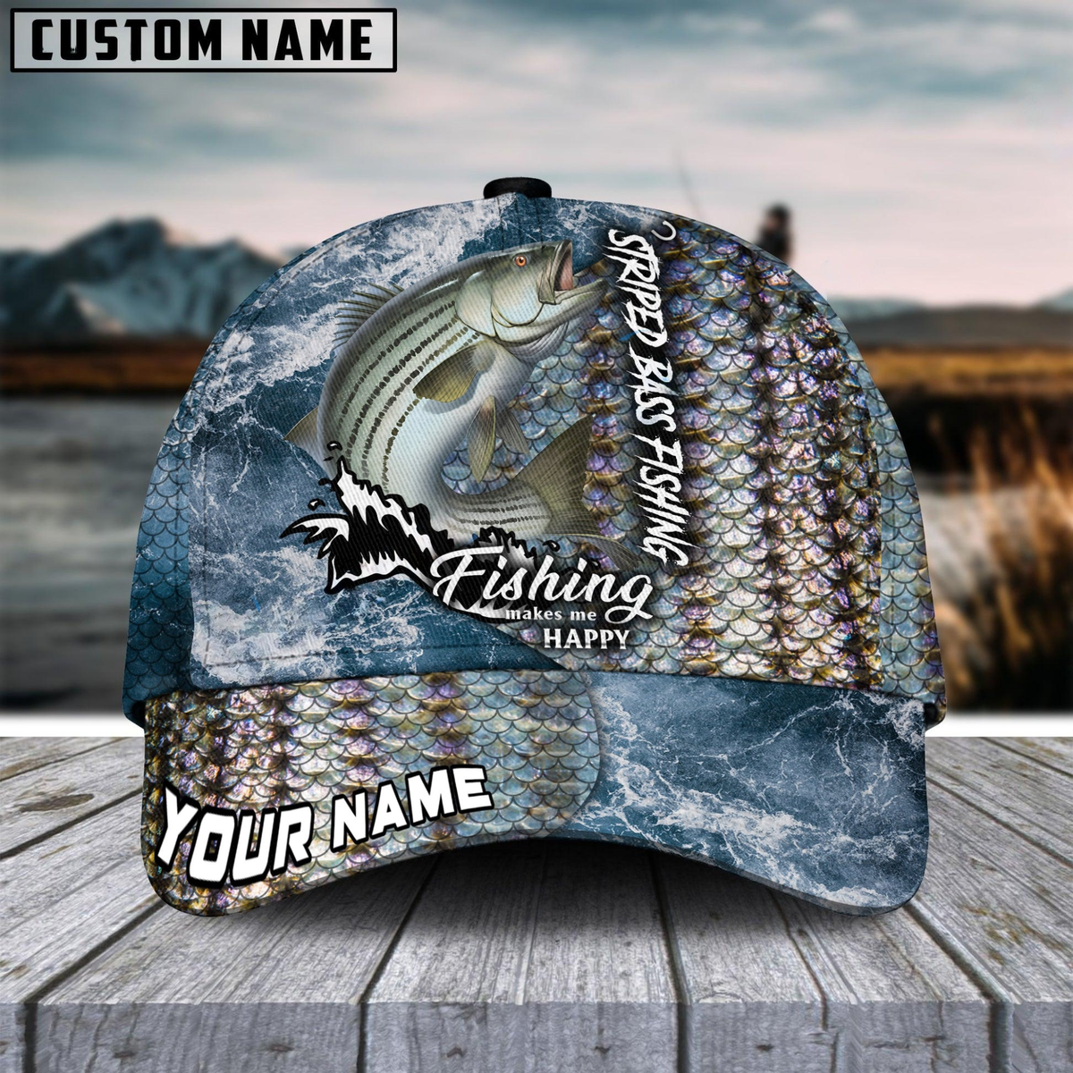 Blisscorners Striped BassFishing Skin Seawave Customized Name 3D Cap