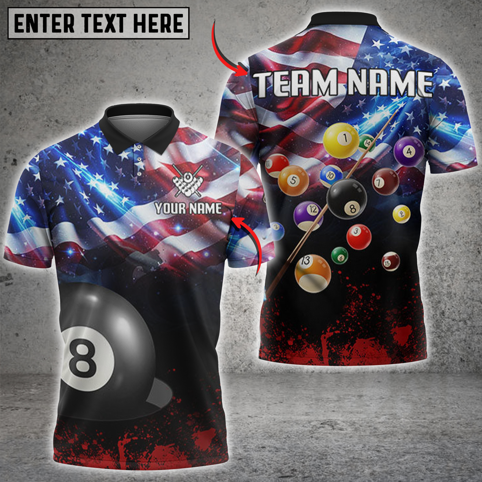 Blisscorners Billiards USA Flag with 8-Ball and Full Color Rack Personalized Name 3D Unisex Shirt