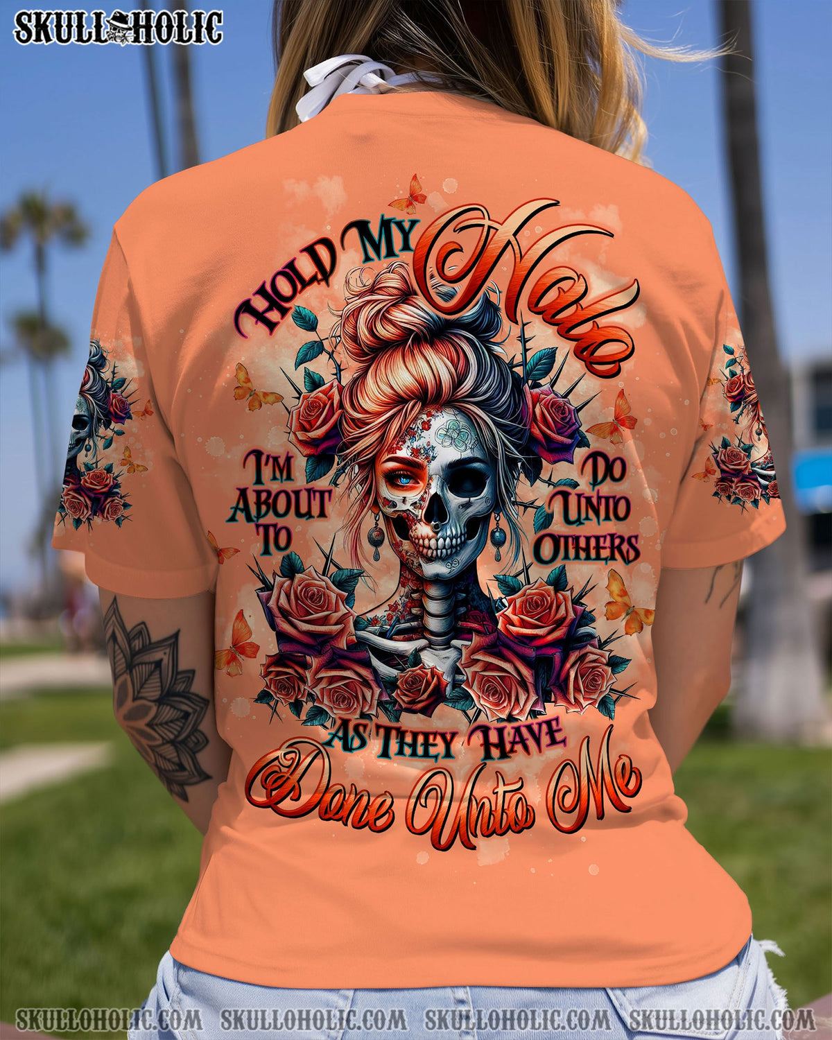 BLISSCORNERS HOLD MY HALO SKULL MESSY BUN ALL OVER PRINT