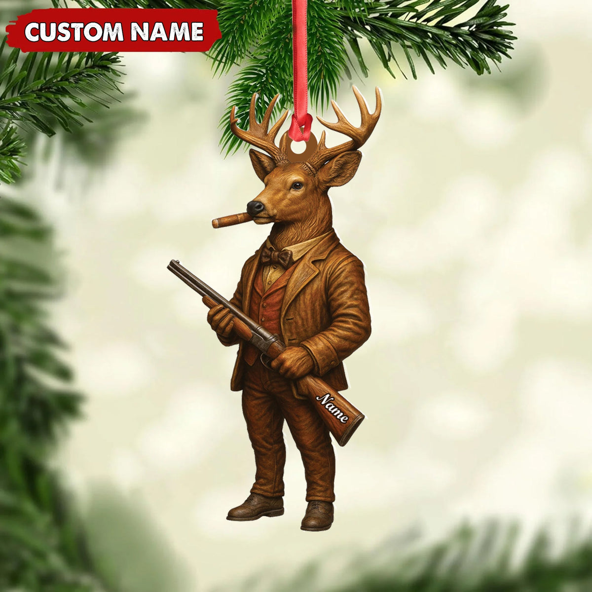 Blisscorners Personalized Acrylic Deer Hunter Christmas Ornament - Custom Name Rustic Hunting Lodge Decor LM0110