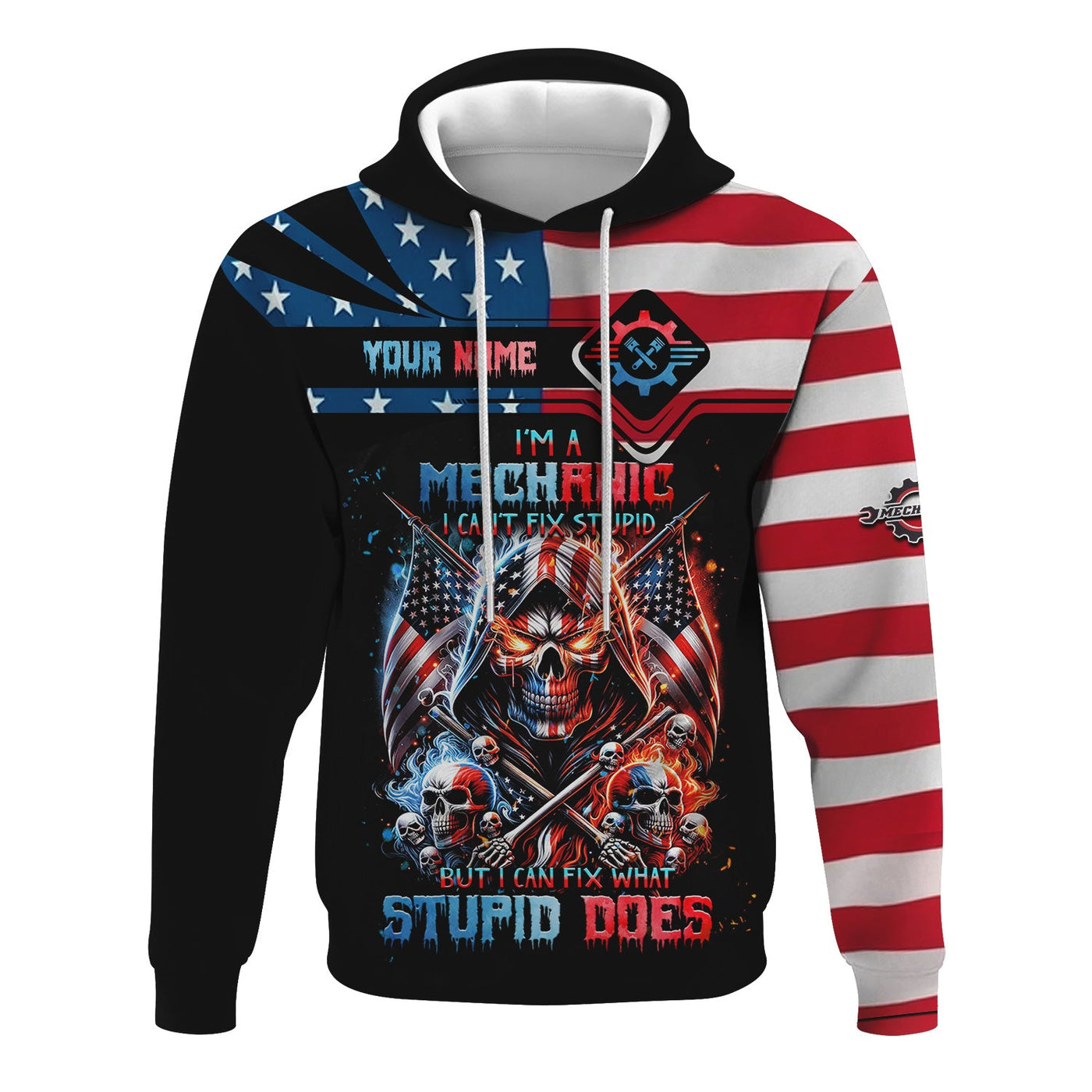 Blisscorners Custom Mechanic Shirt, Fix Stupid Design, Personalized Name, American Flag Skull Graphic, Funny Mechanic T-shirt for Men & Women