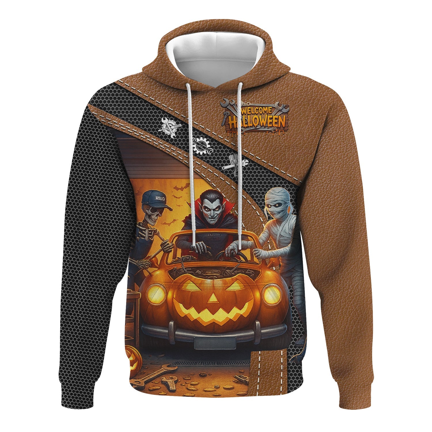 Blisscorners Halloween Mechanic T Shirt Funny Vampire Skeleton Mummy Pumpkin Car Spooky Auto Repair Garage Workwear Tee Gift For Men Women Halloween