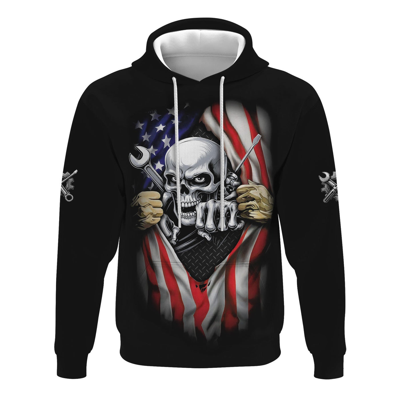 Blisscorners Skull Wrench T-Shirt, American Flag Design, Mechanic, Worker Gift, Unique Skull Graphic Tee for Men, Customizable Apparel, Cool Work Shirt