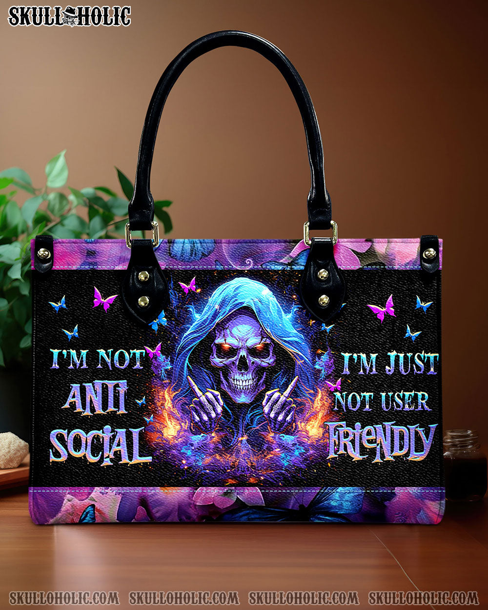 BLISSCORNERS I'M NOT ANTI-SOCIAL MAD REAPER SKULL LEATHER HANDBAG