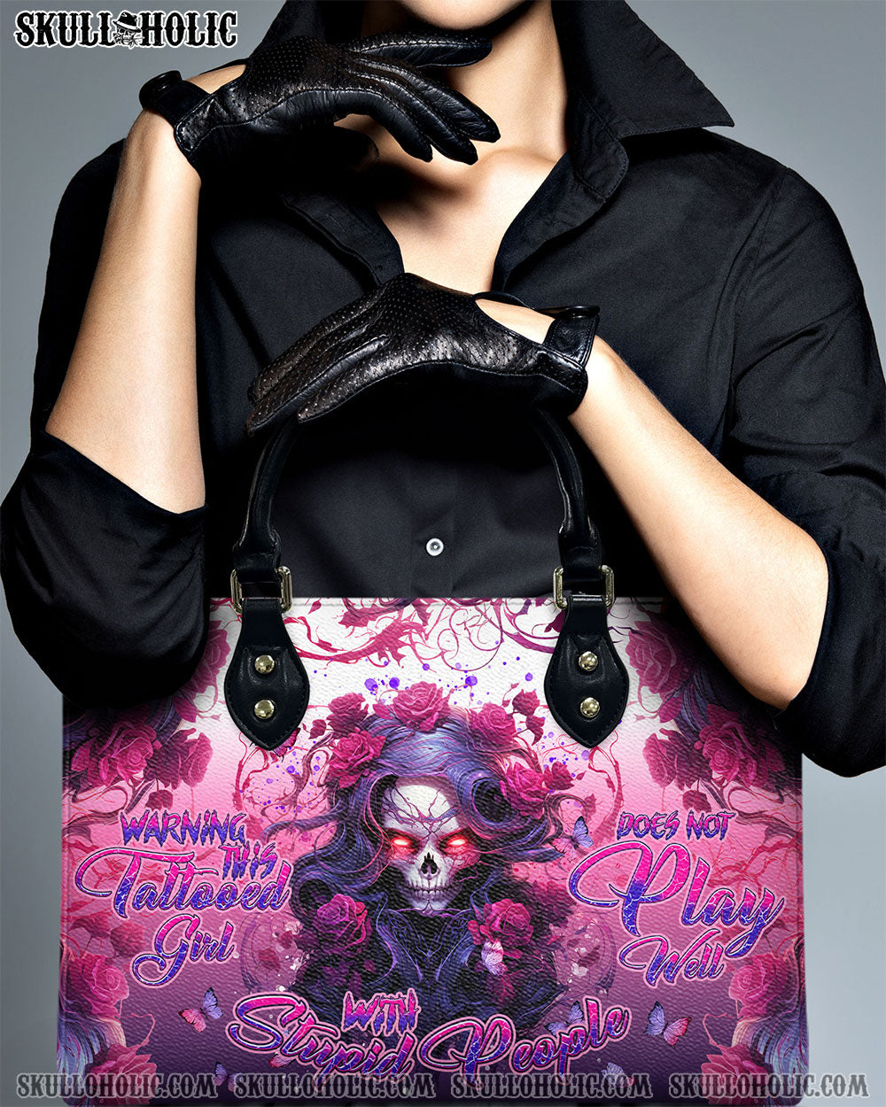 BLISSCORNERS WARNING THIS TATTOOED GIRL ROSE SKULL LEATHER HANDBAG