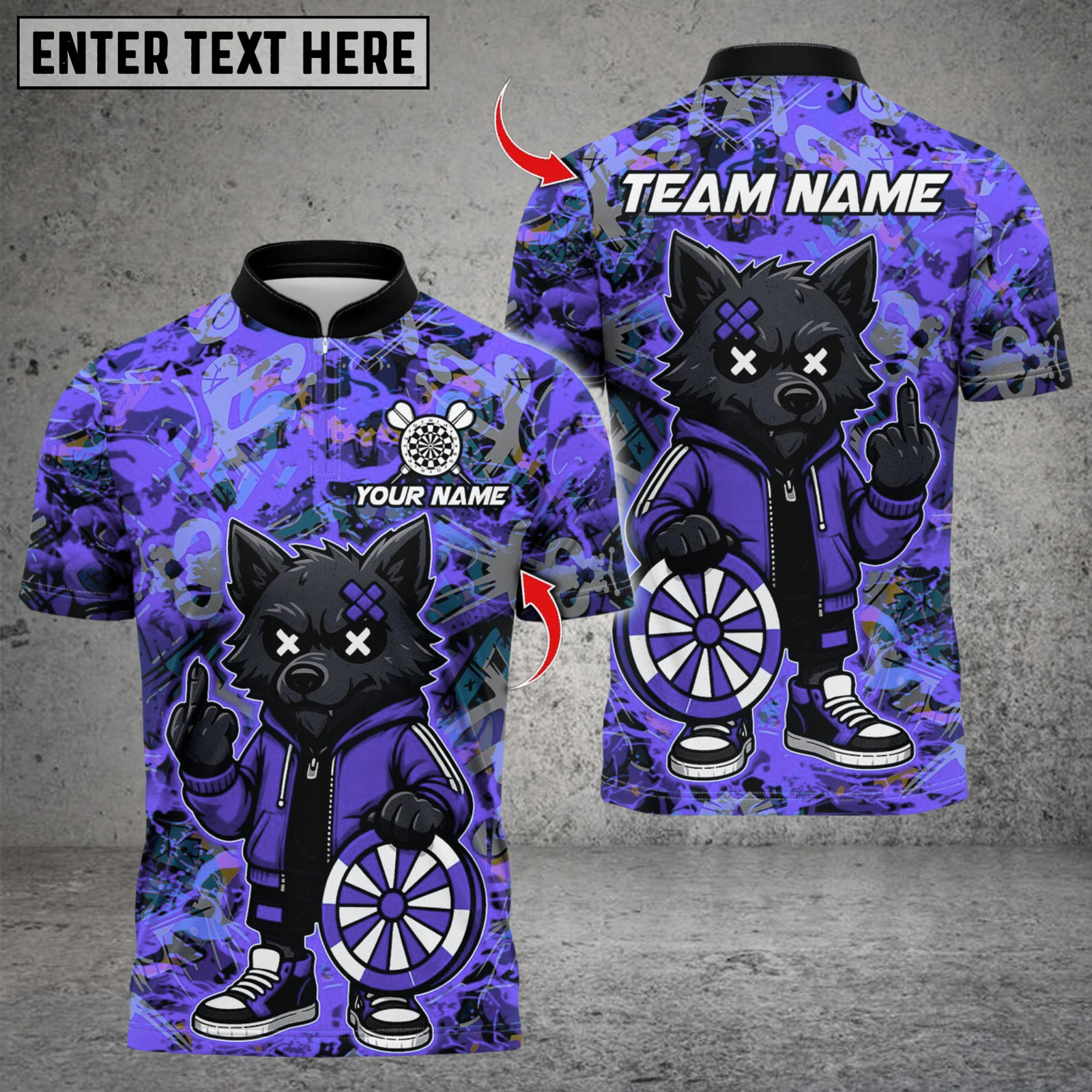 Blisscorners Darts Cartoon Wolf Graffiti Multicolor Customized Name, Team Name 3D Shirts