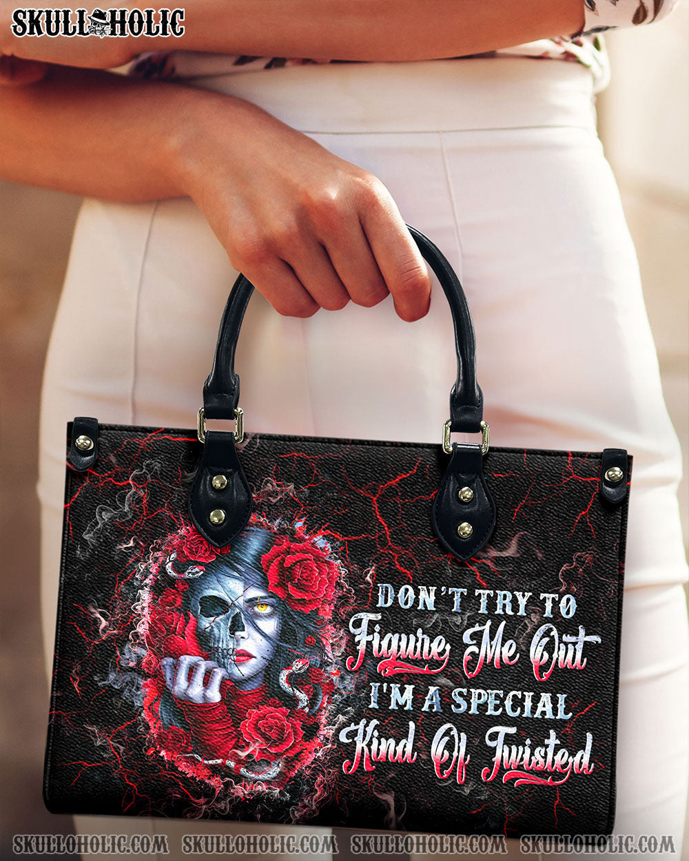 BLISSCORNERS DON'T TRY TO FIGURE ME OUT SKULL LADY LEATHER HANDBAG