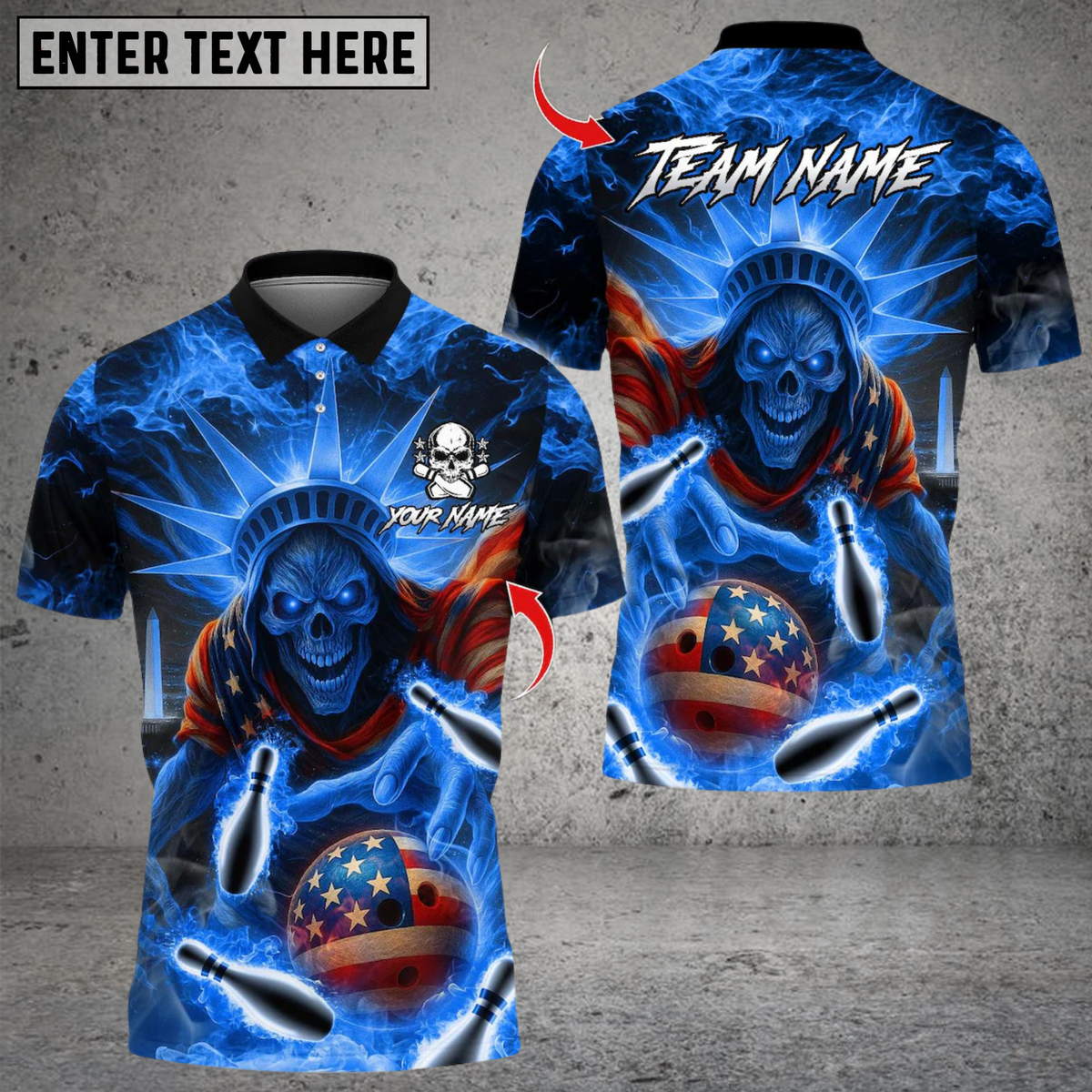 Blisscorners Bowling US Skull Liberty Design Multicolor Customized Name, Team Name 3D Shirts