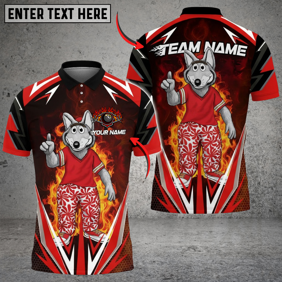 Blisscorners Billiard Wolf Mascot Flames Multicolor Customized Name, Team Name 3D Shirt