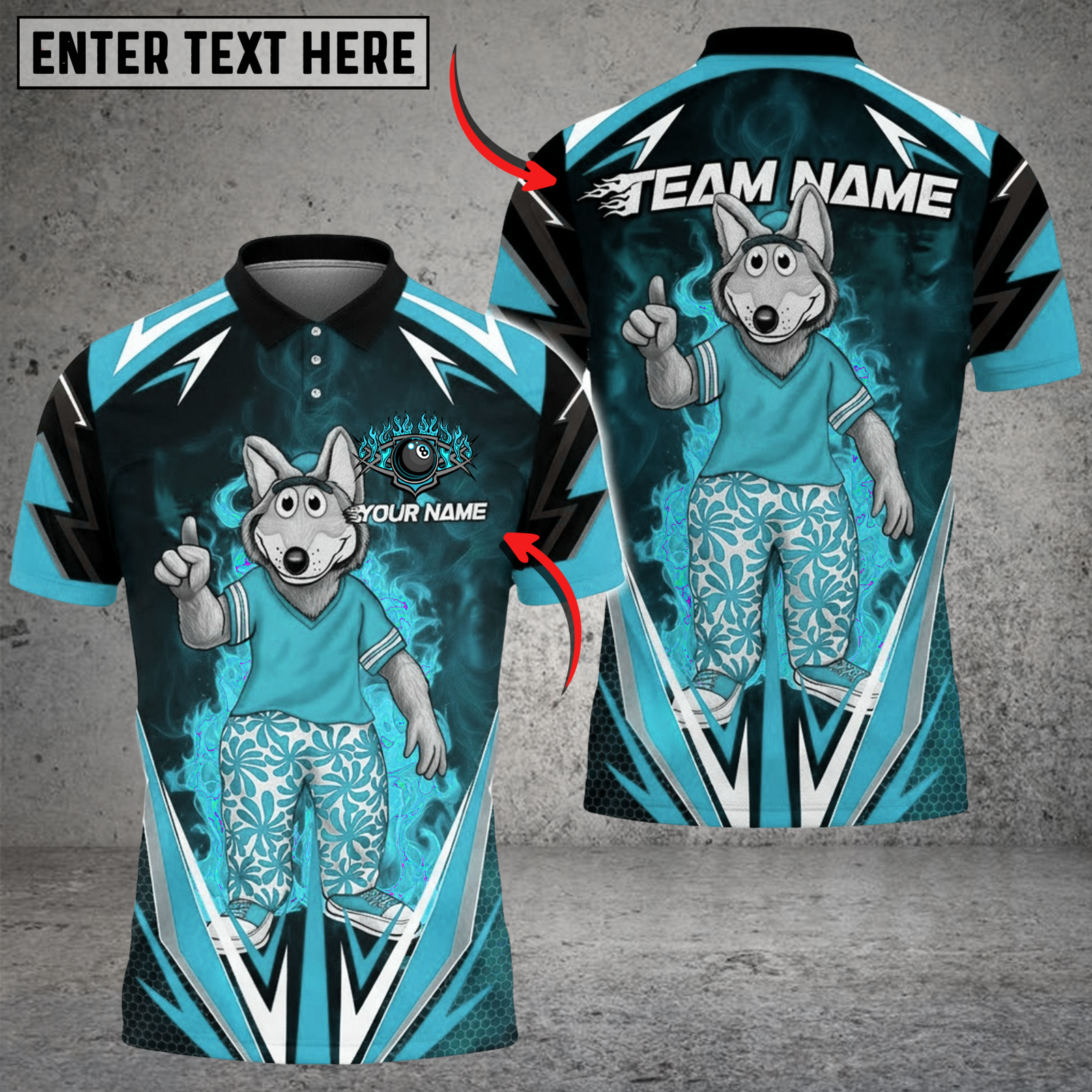Blisscorners Billiard Wolf Mascot Flames Multicolor Customized Name, Team Name 3D Shirt