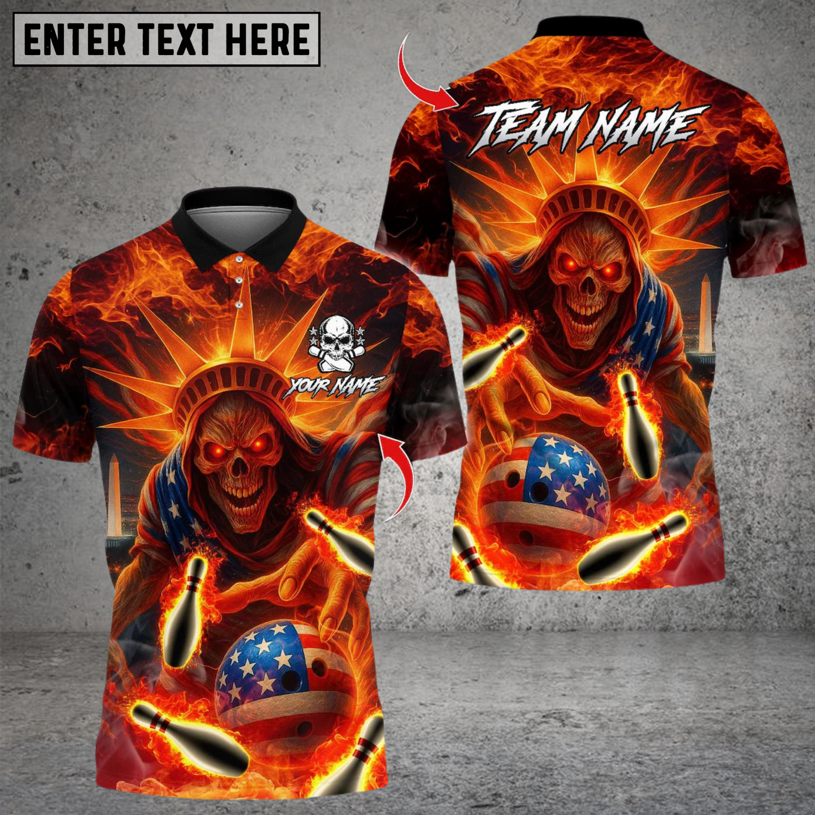 Blisscorners Bowling US Skull Liberty Design Multicolor Customized Name, Team Name 3D Shirts